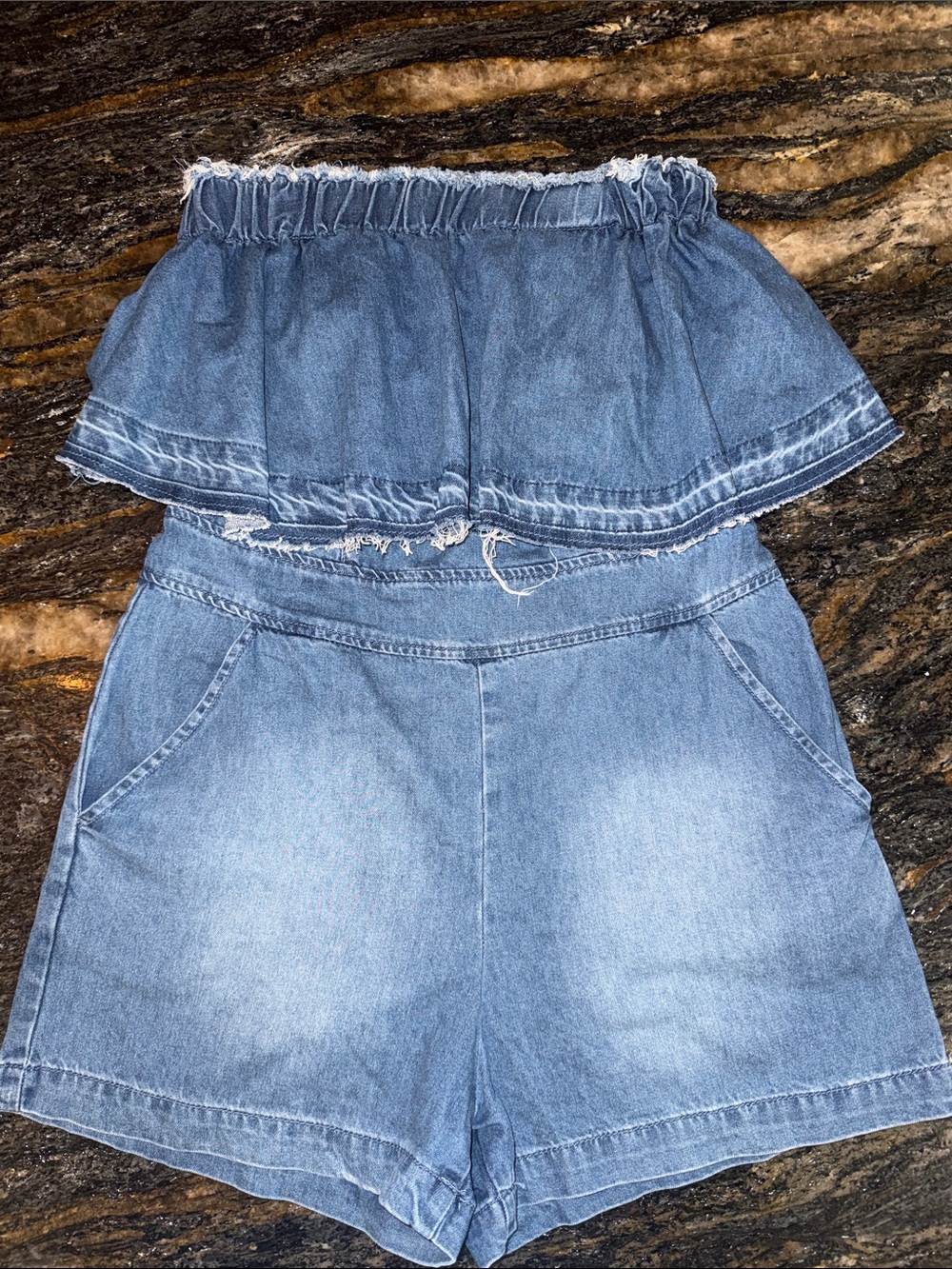 Umgee Denim Strapless Romper in Light Blue Wash